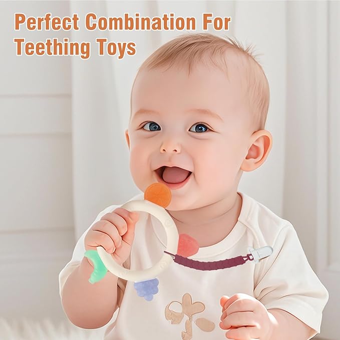 Baby Teething Toys with Silicone Pacifier Clip, Silicone Teether BPA Free, Teething Relief, Chew Toy for Sore Gums, Easy to Hold for Babies 3-6, 6-12 Months (4-Pack)