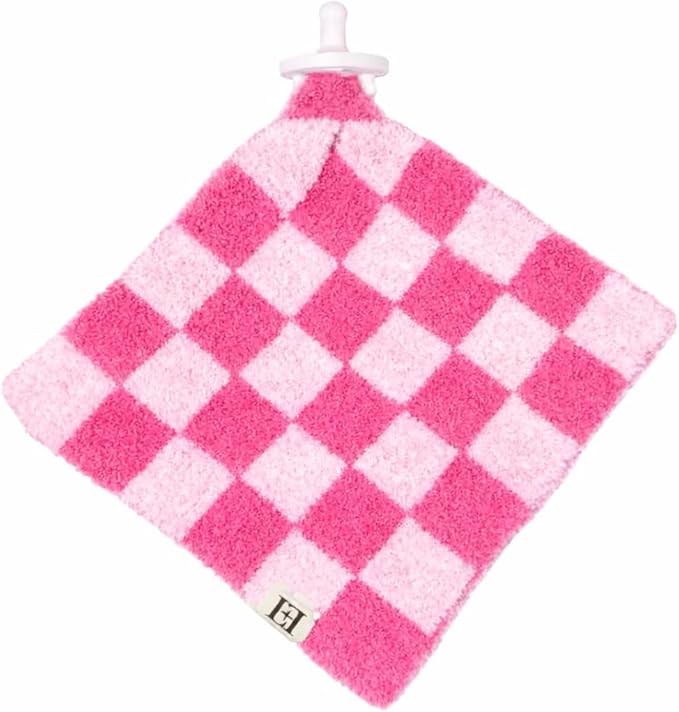 L+L USA Checkered Baby Lovey Pacifier/Teether Holder 10"x10" - DreamSoft Plush Fluffy Cuddly Soothie Reversible Mini Comfort Blanket - Cute Newborn Gift Essential Babies Boys Girls (Light/Bright Pink)