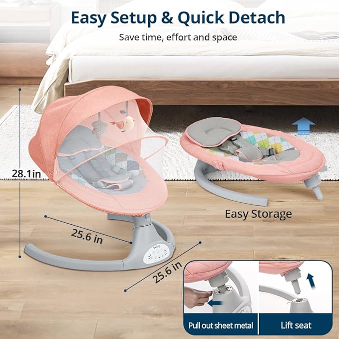 Bioby Baby Swing for Infants with 5 Natural Sway Speeds, Portable Bt Music Baby Swing with Remote Control & 5-Point Harness, Lightweight Baby Rocker for 5-20 Lb,0-12 Months Pink