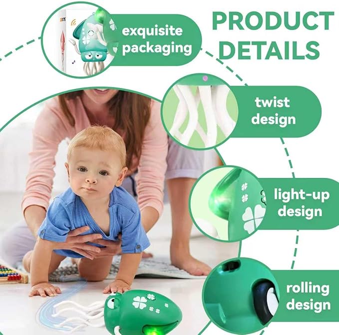 Dancing Octopus Baby Toy – USB Rechargeable Electric Crawling Tummy Time Toy, Magical Musical Squid with LED Lights, Music & Obstacle Avoidance – Birthday Gift for Kids Ages 3Y+ (Green)