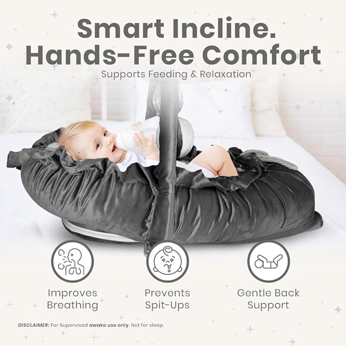 Newborn Lounger Bunny Gray - Flexible & Portable w/Infant Support Cushion, Soft & Breathable 100% Cotton - Multi-Use Supervised Baby Lounger for Floor, Travel, Changing Mat Alternative - Premium