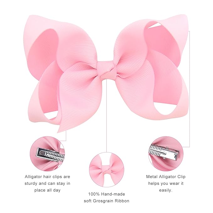 DEEKA 16 PCS 4" Hand-made Hair Bow Grosgrain Ribbon Solid Color Hair Bow Alligator Clips Hair Accessories for Little Teen Toddler Girls -Light Pink
