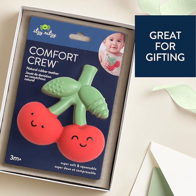Itzy Ritzy Natural Rubber Teether – BPA-Free Soft & Durable Infant Teething Toy, Easy for Little Hands to Grab & Squeeze, Designed for Babies & Toddlers (Cherry)