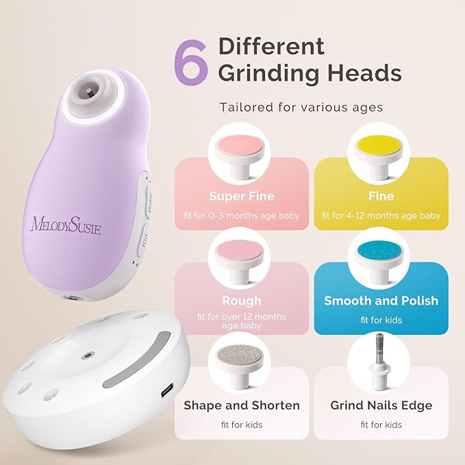 MelodySusie Baby Electric Nail File Kit, PC20F Cordless & Safe Nail Trimmer with Night Light, Quiet Operation for Newborns, Infants, Toddlers, Gentle Nail Care Clipper, Purple