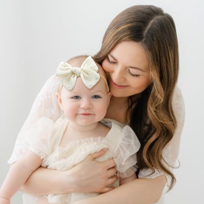 YanJie 3PCS 4’’ Lace Hair Bow for Girls Nylon Baby Headbands Rhinestone Black Beige Off White Bows Hair Accessories for Newborn Infant Toddler Girl