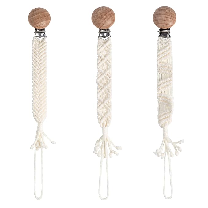 Boho Pacifier Clip for Boys Girls Pacifier Holder Leash Wooden Clips Handmade Braided Cotton Unisex Baby Shower Birthday Gift Christmas Gift (Pattern 8)