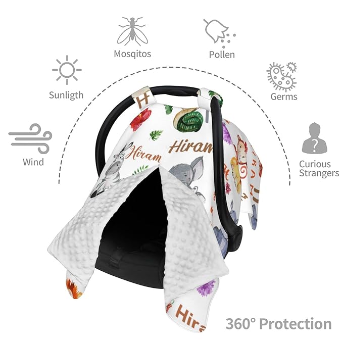 Personalized Name Baby Car Seat Cover for Boys Girls, Customized Infant Carseat Canopy with Peekaboo Opening, Multiuse Baby Carrier Covers Nursing Cover Breastfeeding Scarf for Newborn, Zoo Animal