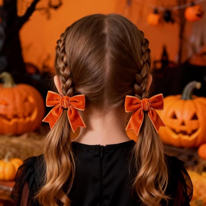 2 Pcs Cute Orange Velvet Hair Bow Clips 3" Bowknot Alligator Clip Barrettes Hairpins for Girl Kids Accessories