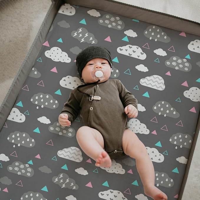 Stretchy Pack and Play Fitted Sheets: 2 Pack Mini Crib Sheets 38x26 - Soft Cozy Material - Fits Most Playards and Travel Playpens, Pack n Play, Nursery Daycare Bedding Essentials, Whale Cloud Print
