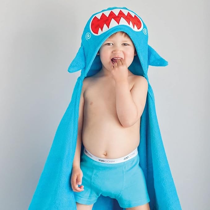 ZOOCCHINI Hooded Bath Towel for Kids 100% Cotton Terry, Plush & Absorbent for Bathtime or Pool, 50" x 22" 2-6 Years, Sherman the Shark