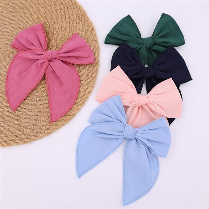 12 PCS Large Fable Bow Hair Clip for Little Girl Kids Linen Velvet Hair Bows Barrettes Alligator Clips Baby Mom Women Hair Accessories (Linen 12 PCS)