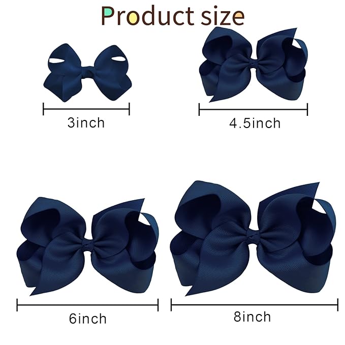 Oaoleer 8PCS Hair Bows for Girls Navy Blue Grosgrain Ribbon Boutique Bow Alligator Clips Hair Accessories for Toddlers Little Girls Kids (8inch, 6inch, 4.5inch, 3inch in Pair)