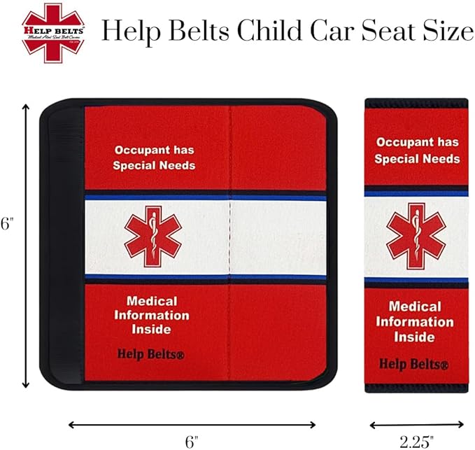 Any/Multiple Condition Medical Alert Seatbelt Cover for Children in Car Seats (6”) Featuring an Emergency Information Form and Pocket by Help Belts. (Red/White)