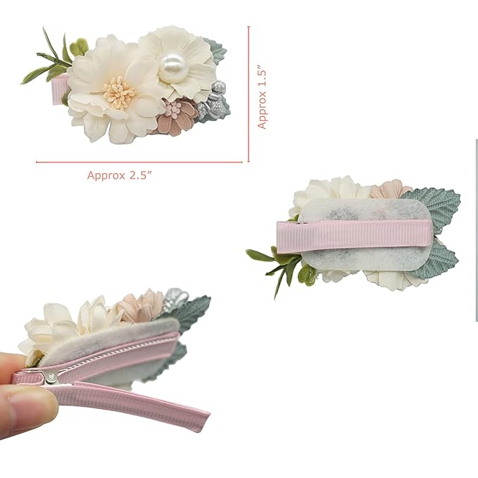 3pcs Girls Flower Hair Clips, Floral Hair Barrettes w/Boutique Fully Lined Alligator, Hair Bows for Baby Newborn Toddler