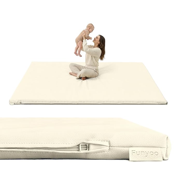 Vegan Leather Baby Play Mat, 71x59 Thicken Foam Play Mat for Infants and Toddlers, Padded & Cushioned Playpen Mat for 71x59 Playpens, 1.2" Thick, Cream