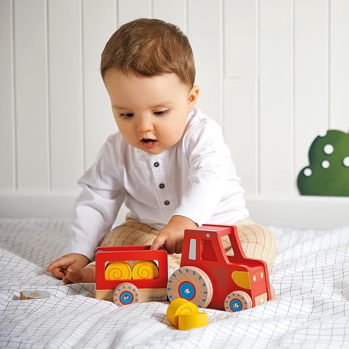 Janod Wooden Pull-Along Tractor Toy with Removable Trailer, Hen, Sheep & 4 Hay Bales – Quiet-Wheel Farm Playset & Walking Aid – Ages 12 Months+ - J03317
