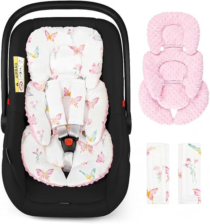 Infant Car Seat Insert for Newborn Girls Boys, Reversible Baby Carseat Head Support with Strap Pads, Soft Baby Car Seat Insert Cushion Pad for Stroller, Bouncer, Swing, High Chair, Pink Butterfly