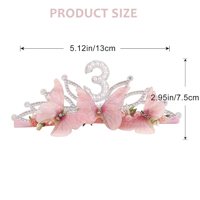 cherrboll Baby Girl Birthday Crown Floral Headband, Soft Flower Head Wrap Tiara Hairband for 1-3 Years Old Toddlers Kids 3rd Birthday Party Dress Photo Decoration