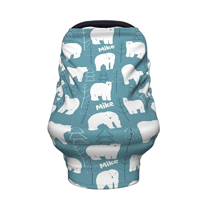 Personalized Baby Car Seat Cover for Boys Girls, Custom Polar Bear Nursing Covers for Breastfeeding with Name, Infant Stroller Cover, Baby Carseat Canopy for Newborn, Multiuse Car Seat Canopies