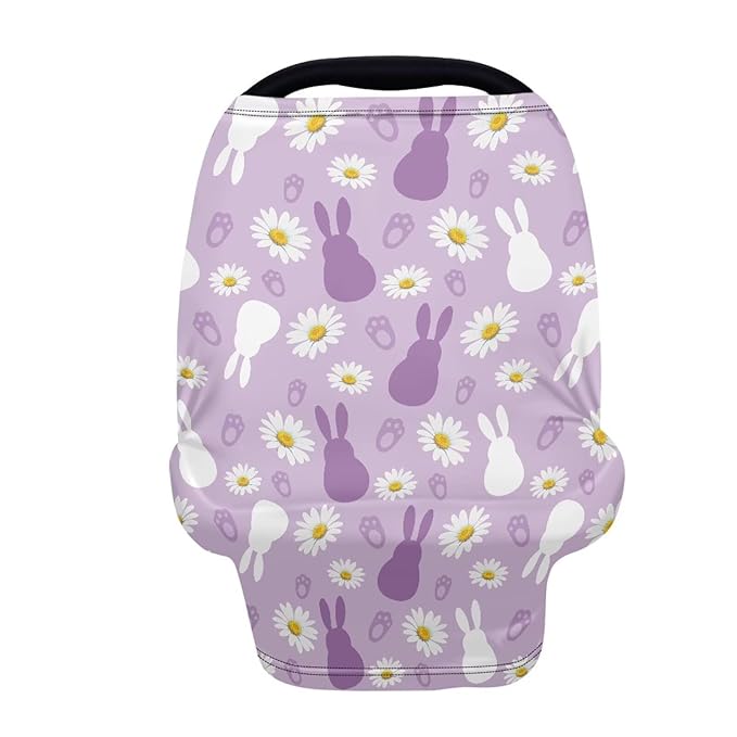 Wanyint Stretchy Baby Car Seat Covers Carseat Canopy Baby Breastfeeding Stroller High Chair Shopping Cart Cover Nursing Scarf Infant Stroller Cover, Easter Rabbit Paw Daisy Violet