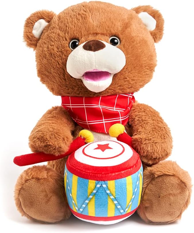 Cuddle Barn - Drummin' Billy | Animated Bear Stuffed Animal Musical Plush Toy Drums and Sings Along to Ants Go Marching and Five Little Bears, 11 inches