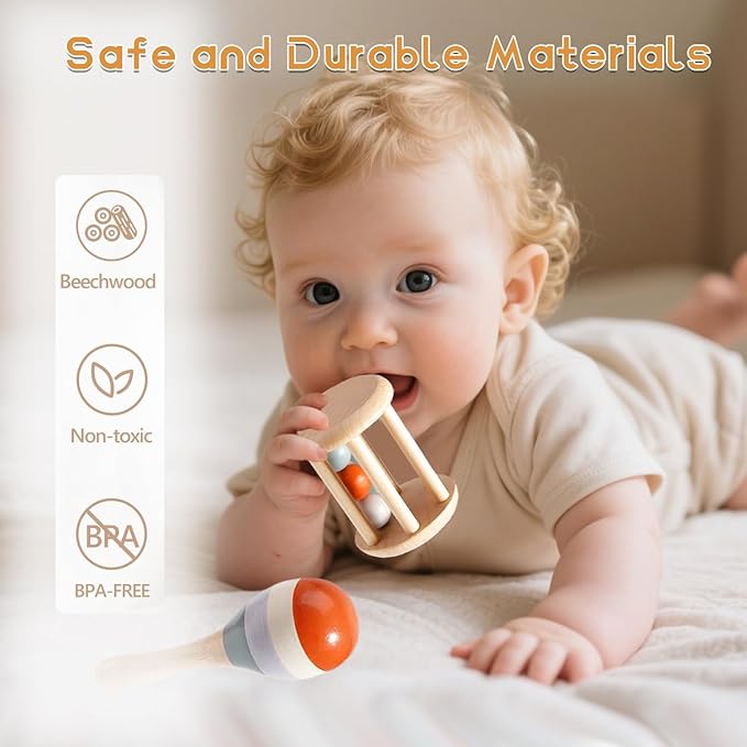 Wooden Baby Rattle, Organic Colorful Baby Rattles Set, Toddler Hand Wooden Rattles Toy Set for Infant Grasping, Sensory Development, Gift for Baby Boys Girls