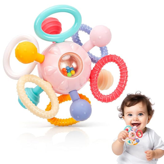 Easter Baby Teething Toys for 0-6 6-12 Months, BPA Free Food Grade Silicone Teether, Infant Sensory Chew Rattles Toys, Perfect Baby Easter Basket Stuffers & Easter Gifts, Light Pink