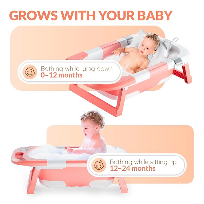 Collapsible Baby Bathtub for Newborn Infant Girl & Boy 0-24 Months, Foldable Portable Bathtub with Thermometer, Heat Sensor, Drain Plug, Water Scoop, Unicorn Cushion Pillow, Travel Bath Tub for Shower