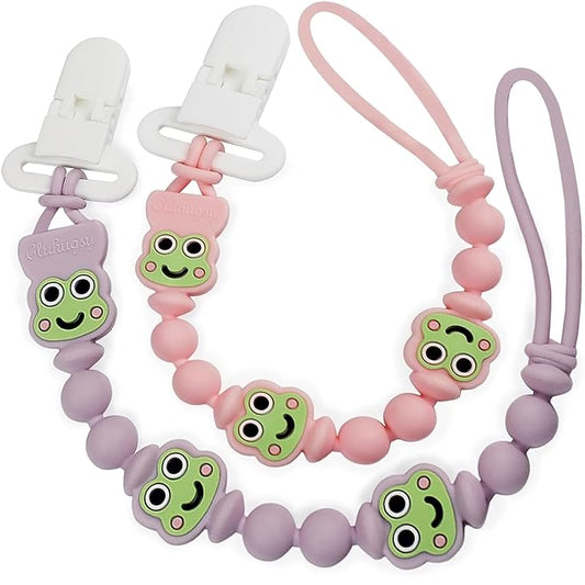 Pacifier Clips 2 Pack, Silicone Baby Pacifier Clips with One Piece Design, Frog Character, BPA Free - CPSIA Certified, Soft Flexible Paci Clip Holder