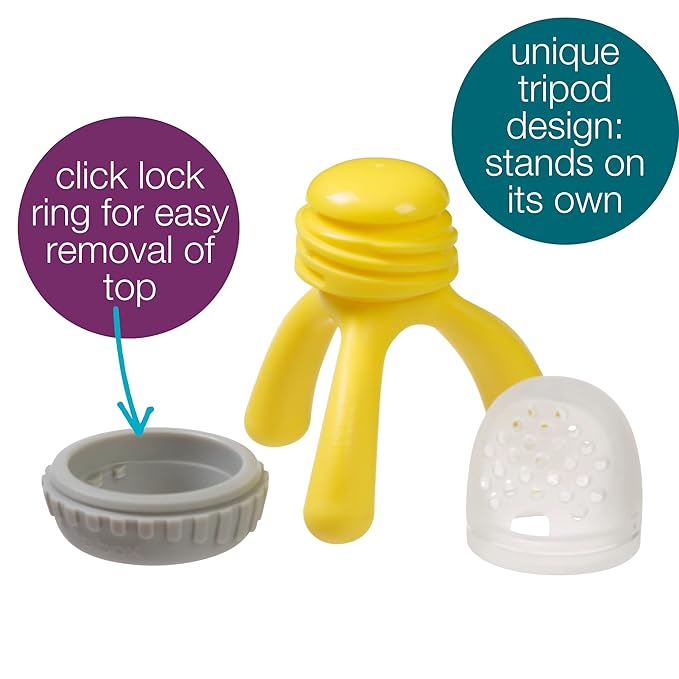 b.box Silicone Fresh Food Feeder. Ages 4 Months+, Tripod Design Easy for Baby to Hold. Perfect for Fresh or Frozen Foods. Cap Included for On the Go. Dishwasher Safe (Lemon Sherbet)