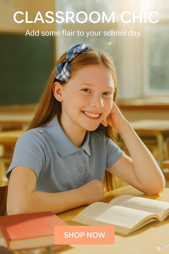 ClassExceed School Headband, Plaid bow headband, back to school, available in variety of school plaids (Plaid 76 Clear blue White Navy plaid, Regular)