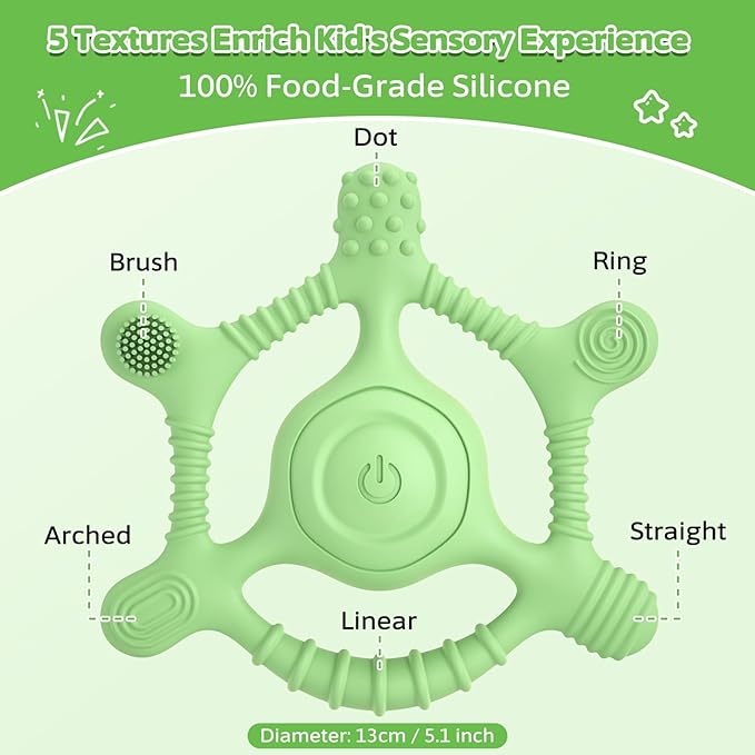 Vibrating Teether for Baby | Sensory Toys for Kids with Autism | Toddler Travel Essential Teething Toys for Babies 6-18 Months, USB Chargeable & 3X Gentle Vibration Settings (Green)
