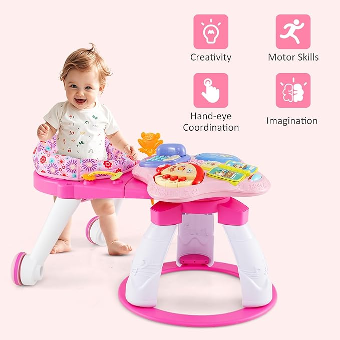 INFANS 3 in 1 Walk Around Baby Activity Center, Baby Walker with Play Table, Wheels, Detachable Seat Cushion, 3 Adjustable Heights, Learning Toys for Boys Girls Aged 6-36 Months (Pink)