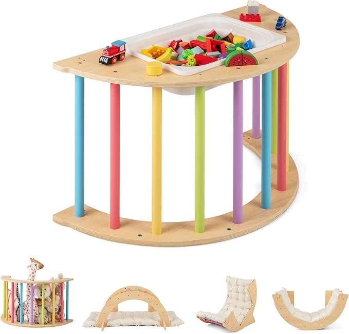 INFANS Wooden Arch Climber Rocker with Soft Cushion, 6 in 1 Montessori Climbing Toys for Toddlers, Waldorf Indoor Table Baby Children Ladder Gym Learning Playset Gift for Kids Boys Girls (Colorful)