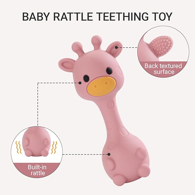 Giraffe Silicone Baby Teether Rattle Toy for 0-6 6-12 Months, BPA-Free Infant Teething Toy with Rattle Sound, Easy-Grip Design for Teething Relief (Dark Pink)