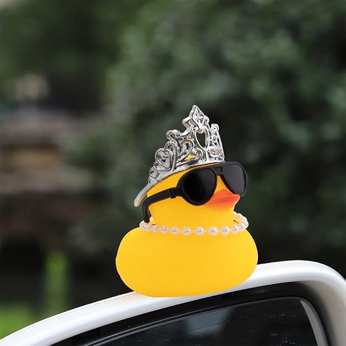 wonuu Car Duck Rubber Duck Car Ornaments Duck Car Dashboard Decorations with Cute Headband Swim Ring Necklace Sunglasses, C-Male Crown&Pearl Chain