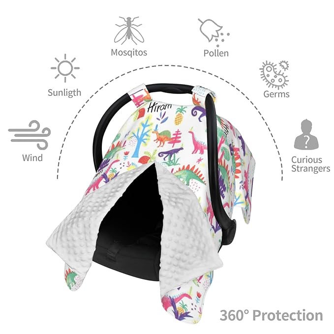 Personalized Dinosaur Baby Car Seat Cover for Boys, Customized Baby Name Carseat Covers, Opening Nursing Cover Breastfeeding Scarf for Infant, Stroller Canopy Carseat Canopies for Newborn