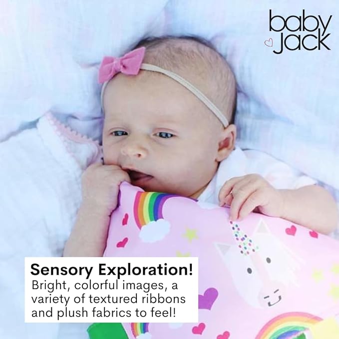 Baby Jack & Co 8x8 Unicorn Lovey Tag Toys for Babies with Crinkle Sensory Development - Soft & Safe Soother for Learning Shapes & Colors - BPA Free with Stroller Clip