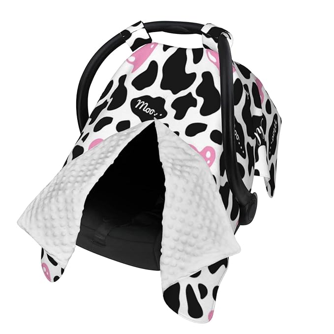 Personalized Cow Print Baby Infant Car Seats Canopy for Babies with Name, Custom Love Heart Lightweight Covers for Baby Boys Girls, Minky Nursing Breastfeeding Stroller Canopies for Newborn