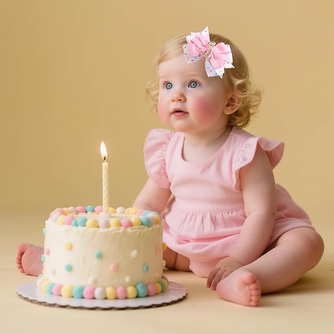 1st Birthday Hair Bow for Baby Girls, Pink Headband Hair Accessories for Girls 1 2 3 4 5 6 Years Birthday Confetti Ice Cream Party Supplies Decorations