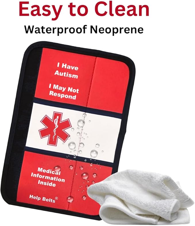 Autism/May Not Respond Awareness Medical Alert Seatbelt Cover for Kids and Adults with Emergency Information Form and Pocket by Help Belts (Red, 9 Inch Full)