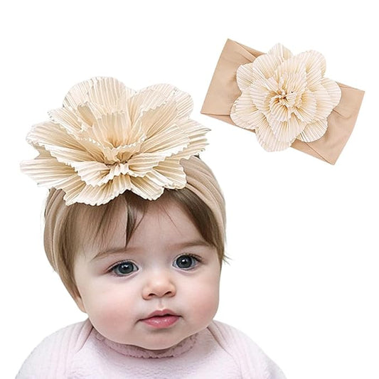 Large Flower Elastic headband for Baby Girl Infant Soft Fabric Chiffon Floral Hairband Toddler Newborn Christening Baptism Hair Accessories (Flower 1 - khaki, Elastic)