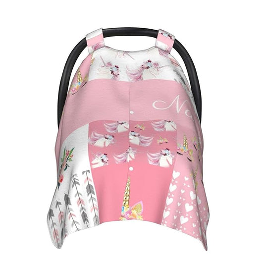 Personalized Horse with Horns Pink Baby Car Seat Canopy for Babies with Name, Custom Car Seat Covers for Girls, Opening Minky Nursing Breastfeeding Cover Infant Carseat Canopies for Newborn