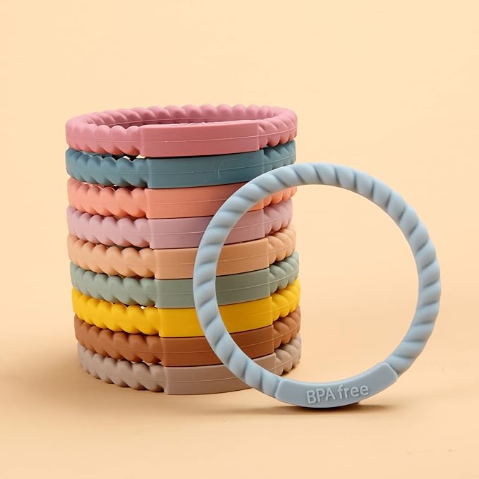 Socub Silicone Baby Teether Toy, 4 Pack BPA Free Soft Silicone Teether Bracelets for 3+Month Babies, Wearable as Bracelets, Baby Chew Toy (Sand/Light Grey/Dusty Lilac/Power Rose)