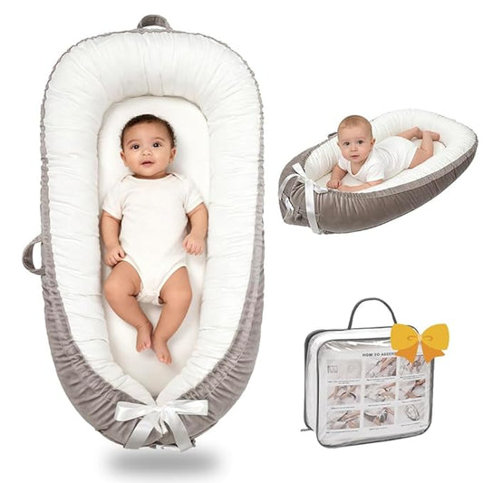 Baby Lounger-Breathable and Soft Organic 100% Cotton, Portable Infant Lounger with Removable Lounger Cover, Floor Lounger for Newborn - Grey White