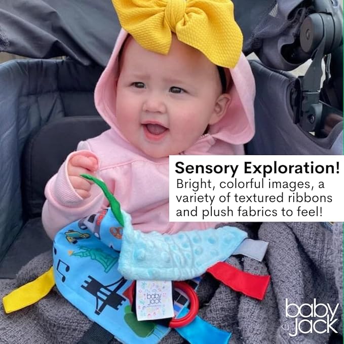 Baby Jack & Co 8x8” Learning Lovey NYC New York Tag Toys for Babies - Baby Crinkle Toys - Soft & Safe - Learn USA Cities and Shapes - Ideal Baby Toy & Gift BPA Free w/Stroller Clip