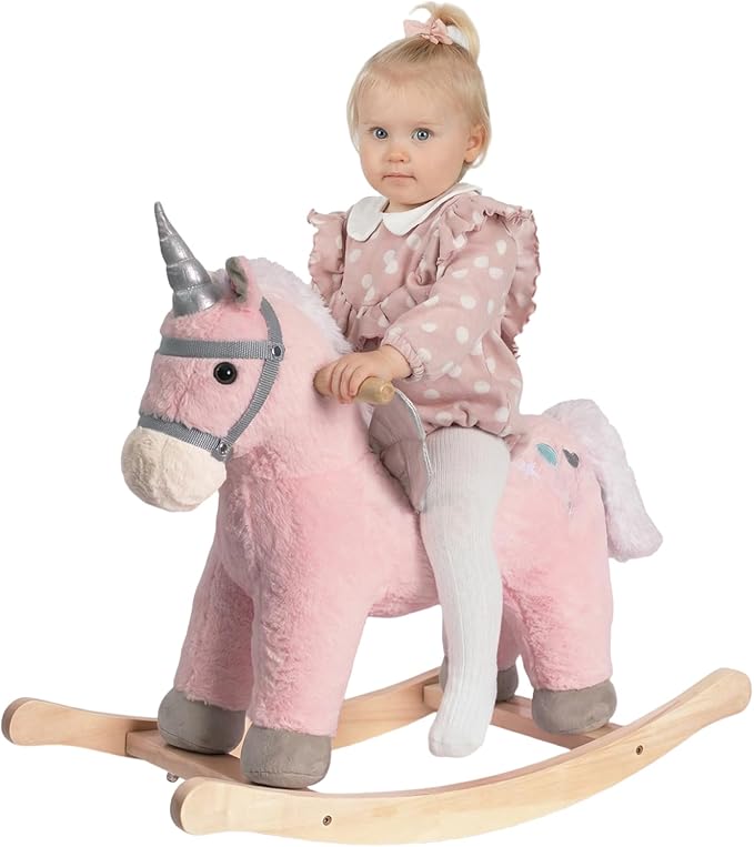 Rock My Baby Rocking Horse, Pink Unicorn/Pony Animal Rocker with Realistic Sound Plush Stuffed Rocking Horses for Toddlers 18M+, CPC Certified