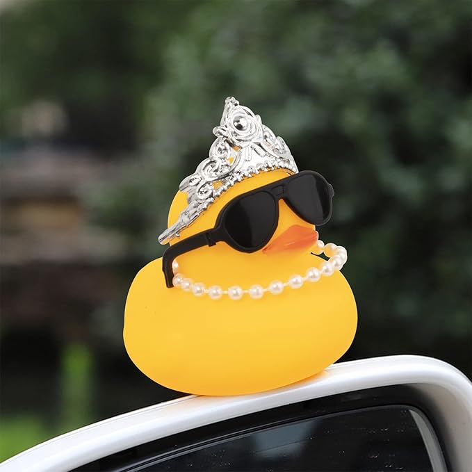wonuu Car Duck Rubber Duck Car Ornaments Duck Car Dashboard Decorations with Cute Headband Swim Ring Necklace Sunglasses, C-Female Crown&Chain