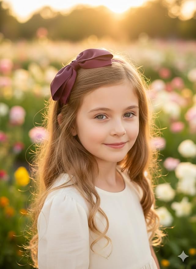 ClassExceed Burgundy Bow Headband for Girls 3–12 – Party & Recital Hair Bow, Solid Ribbon Kids Headband for Birthday Outfits