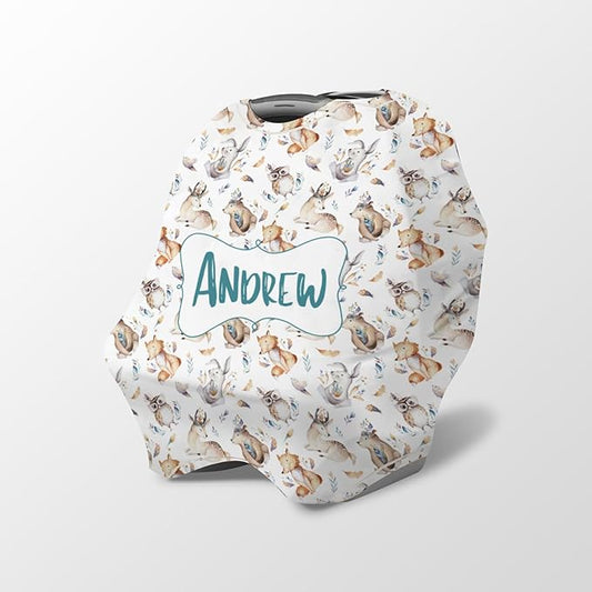 Personalized Baby Car Seat Cover Stroller Canopy: Custom Name Newborn Baby Boy Girl Elastic Animals Nursing Cover for Moms First Birthday Gift Watercolor Fox(one Size)